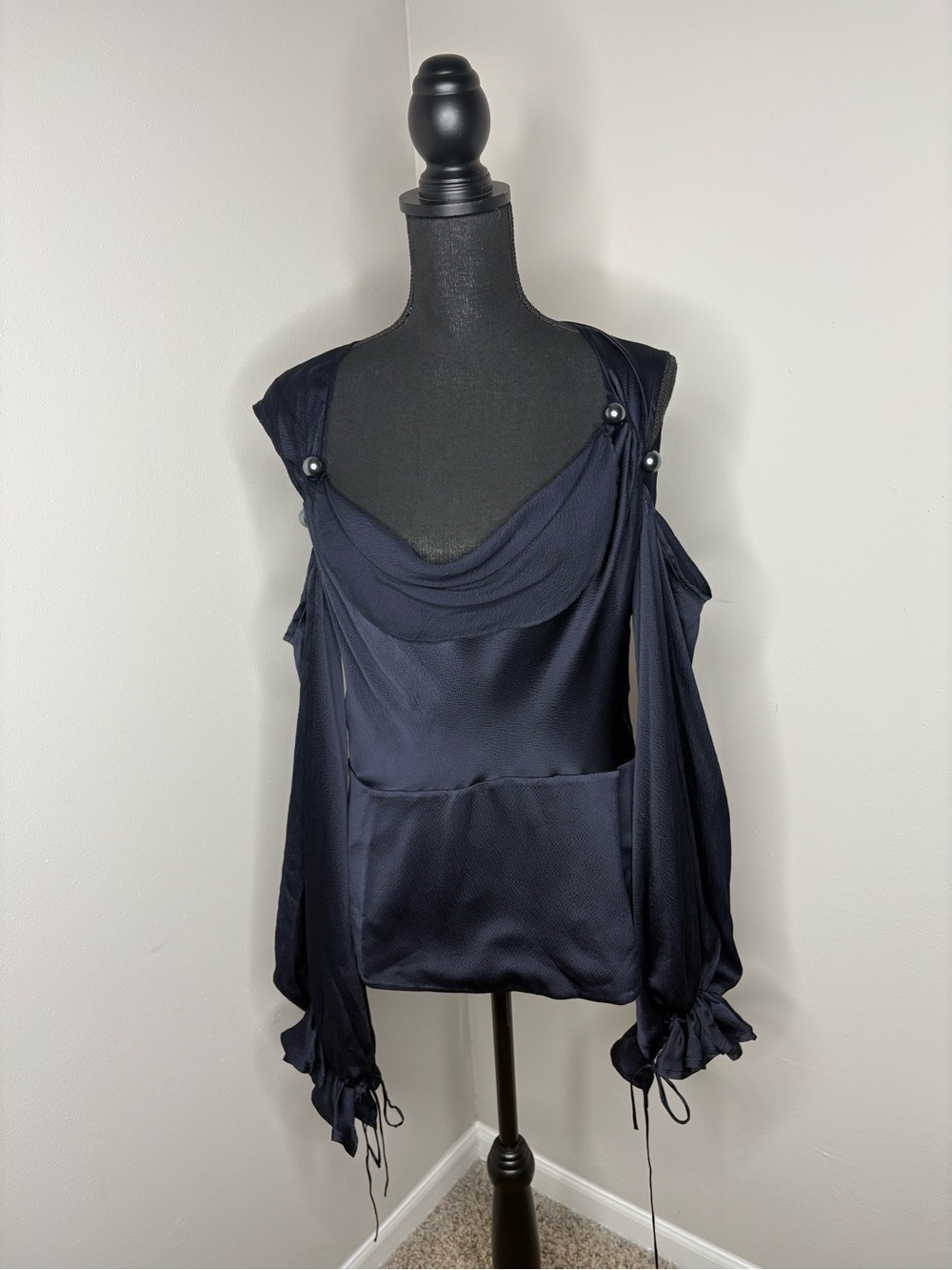 Draped Navy Satin Cowl-Neck Blouse